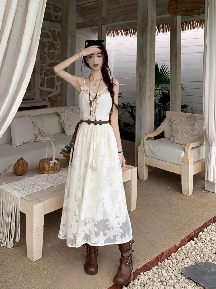 Fairy travel outfit V-neck suspender embroidered long skirt tassel sunscreen cardigan two-piece suit R1728