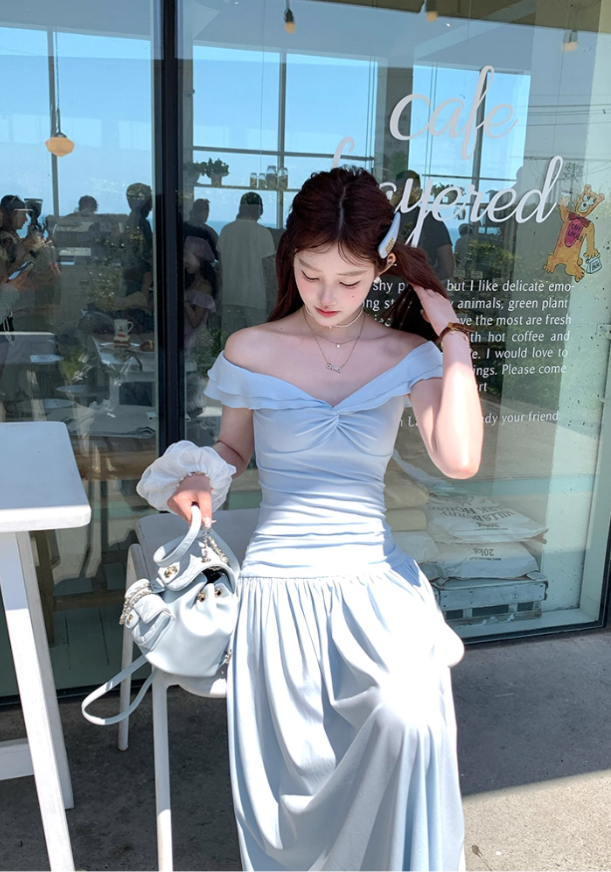 Blue v-neck small flying sleeve t-shirt pleated skirt suit summer French style loose two-piece suit R4913