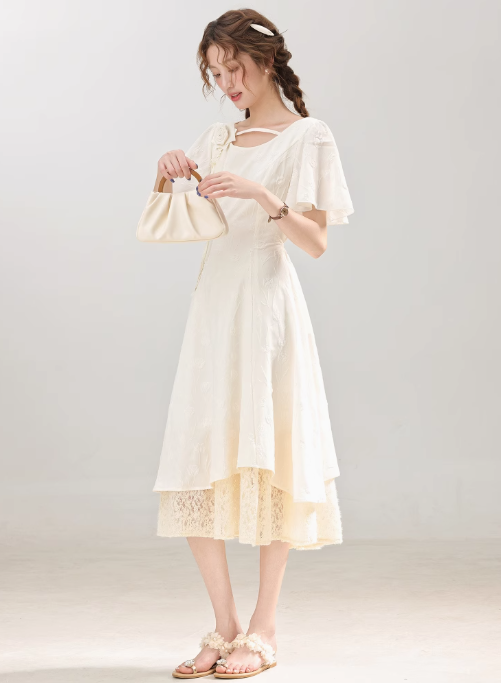 French gentle style apricot dress for women summer new waist slimming dress R1912