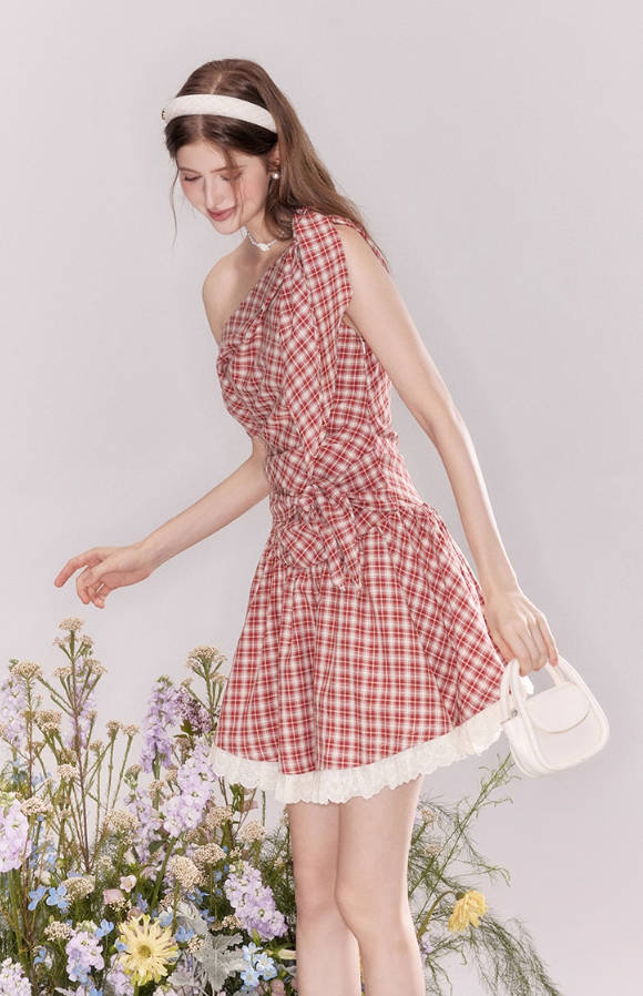 Summer off-shoulder red plaid dress with lace-up waist princess dress R4539