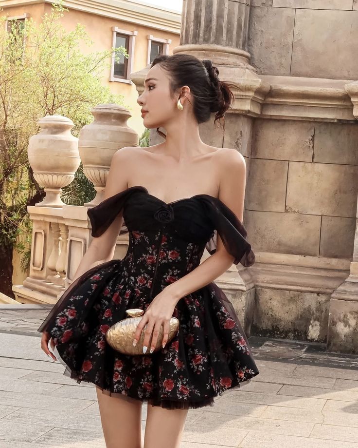 Black floral one-shoulder waist princess tutu homecoming dress R3067