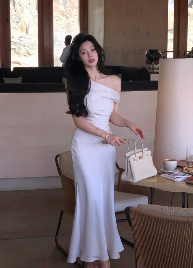 Elegant Bodycon Satin Long Dress Women Off Shoulder Solid French Mermaid Wedding Evening Party Gown S5395