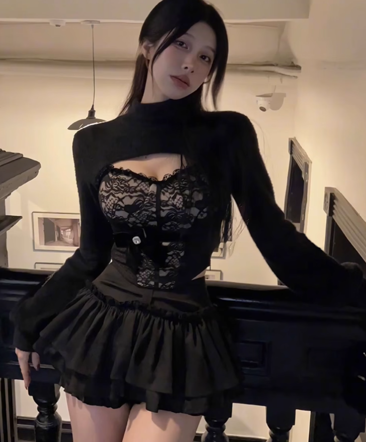 Pure desire design lace suspender tube top 2025 large size puffy skirt suit R1255