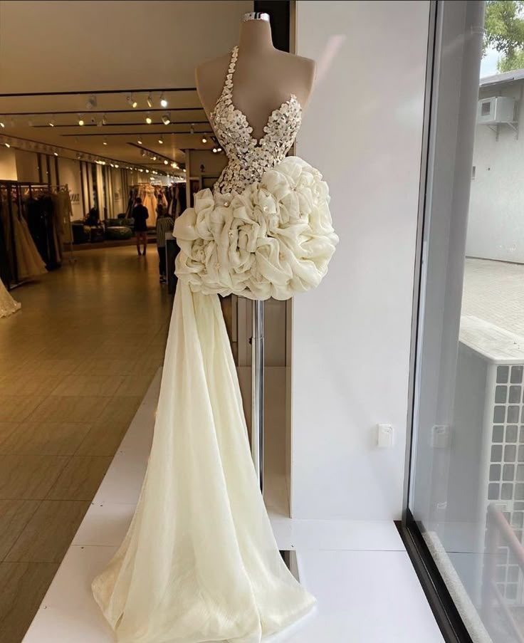 White asymmetric strapless floral design skirt short dress for homecoming R3410