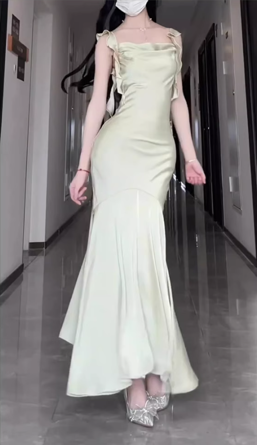 French ruffled sling satin dress large size high-end dress temperament slim fishtail skirt R1840
