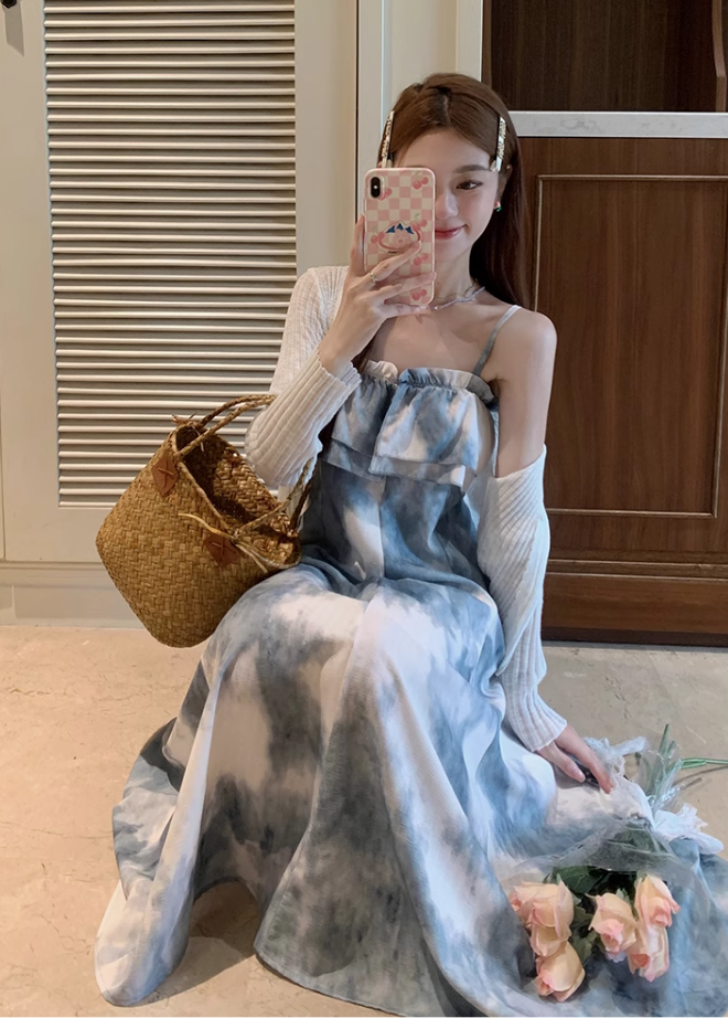 Fairy retro style ruffled one-shoulder sling dress new Chinese style ink-dyed dress R1706
