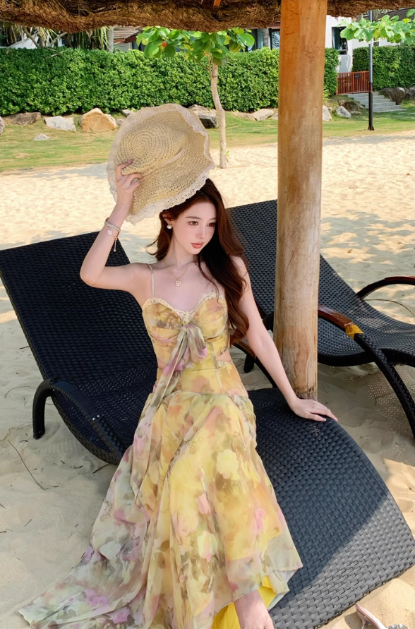 Yellow gradient floral suspender dress with gentle temperament and slim waist R0681