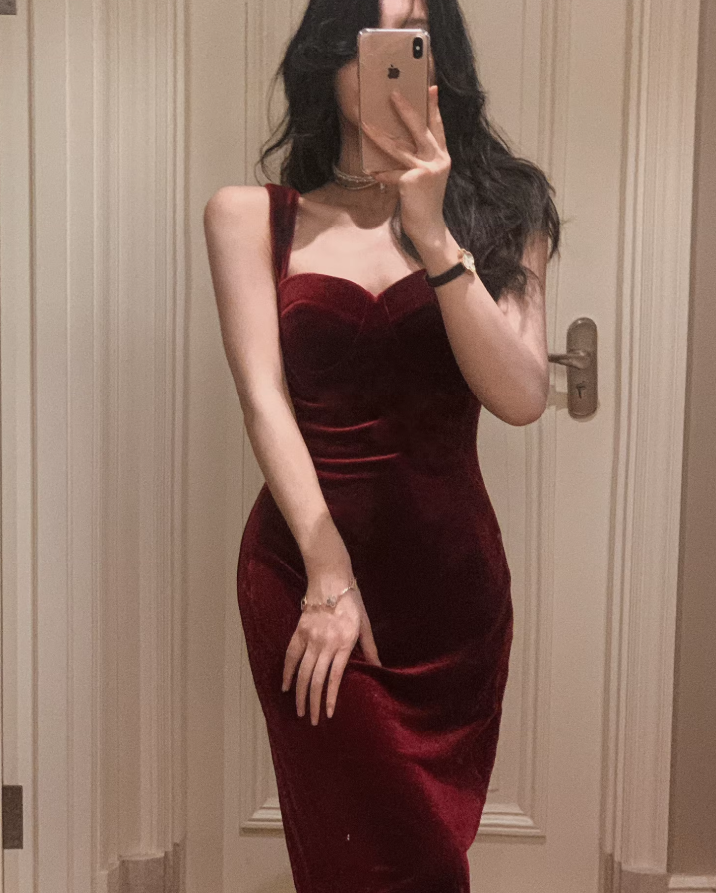 Velvet sling wine red dress retro Hong Kong style French design banquet dress R1436