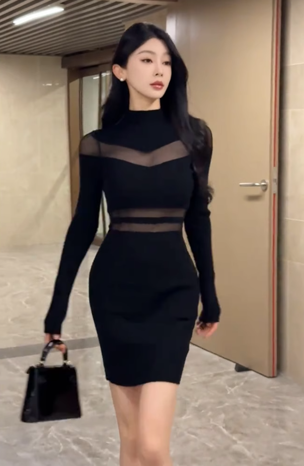 Sexy hot girl organza half turtleneck dress 2025 waist hip skirt R1182