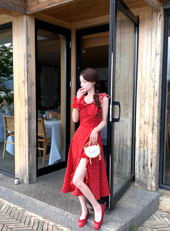Red holiday floral dress for women petite summer long skirt with small flying sleeves R3866