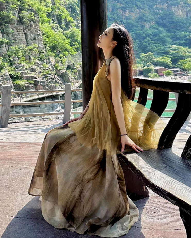 New Chinese style temperament holiday beach long skirt mesh tie-dye fake two-piece dress R1698