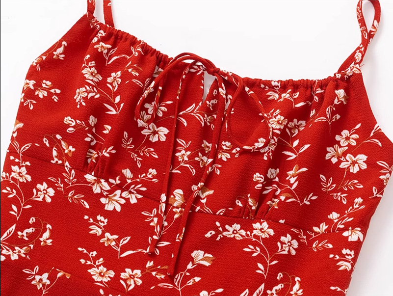 2025 Summer New Red Floral Waisted Seaside Vacation Short Suspender Dress R0950