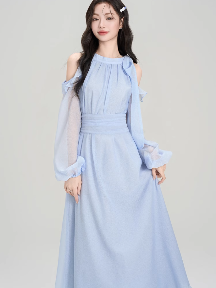 French design holiday halter neck off-shoulder dress beautiful gentle wind skirt R2387