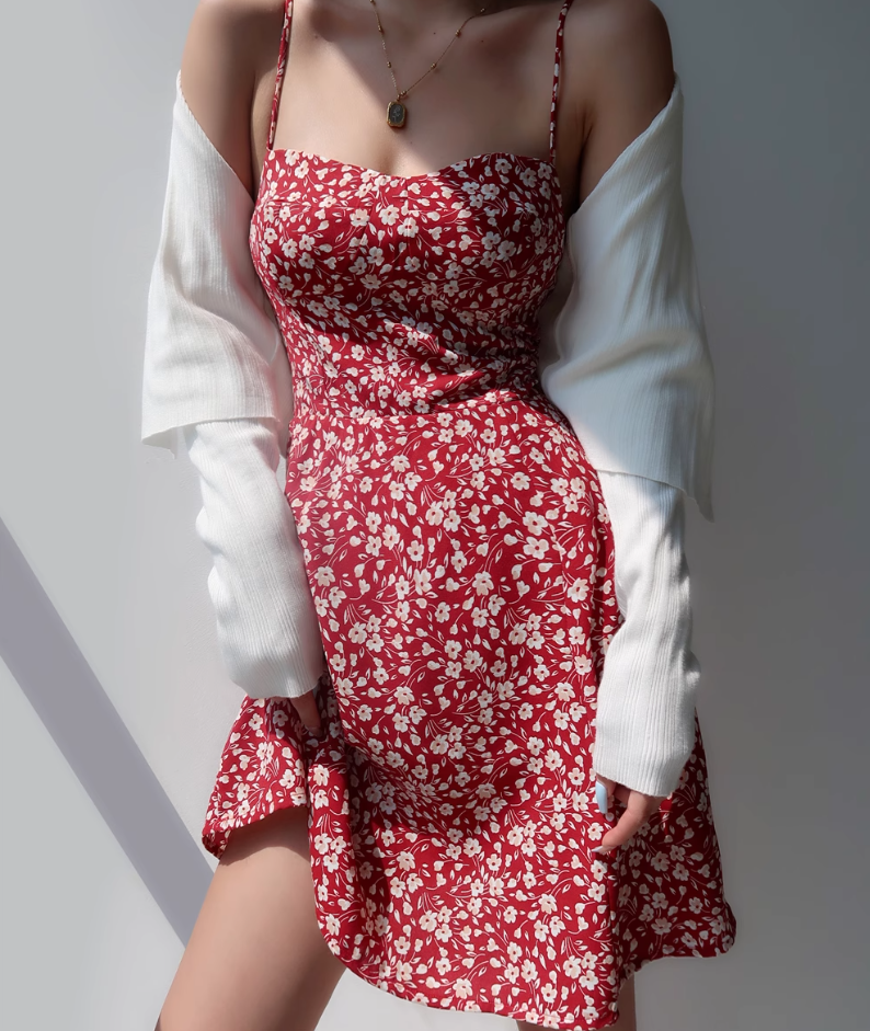 Retro girl red floral suspender skirt slim fit waist strappy short skirt holiday dress R2804