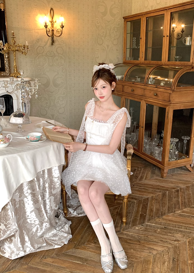 White tulle polka dot halter dress for women's summer French dress R4785