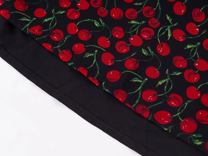 2025 Summer New French Red Cherry Floral Square Neck Short Sleeve Long Dress R0930