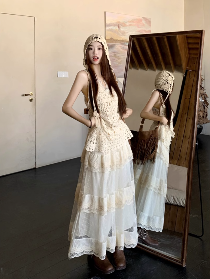 Fairy temperament wear a complete set of lace suspenders knitted vest skirt layered wear R1734