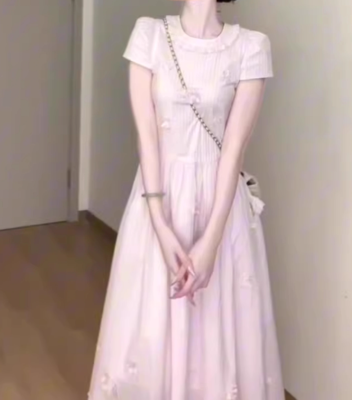 Gentle style pink baby collar dress floral waist A-line long skirt R0790