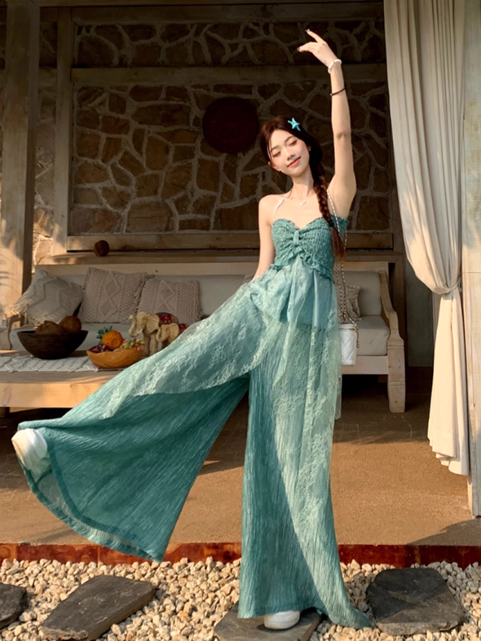 Fairy outfit: a halter neck tube top with small slings, mint green wide-leg pants, two-piece suit R1761