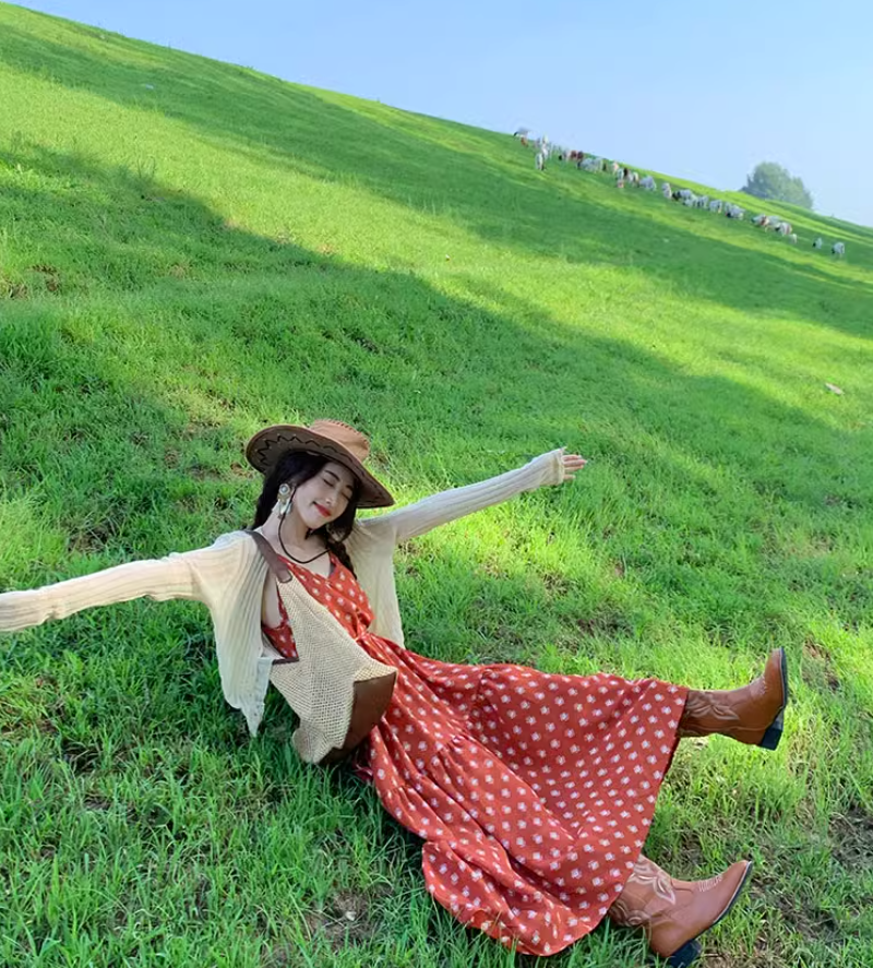 Beach holiday dress travel wear chiffon retro red dress floral loose suspender beach dress R1599