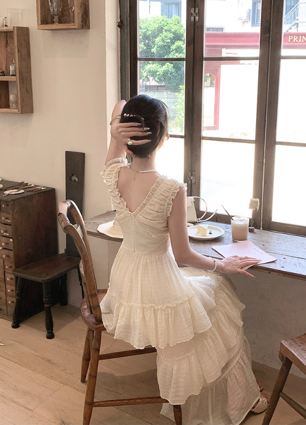 French retro V-neck ruffled cake skirt sleeveless gentle style holiday long skirt R4298