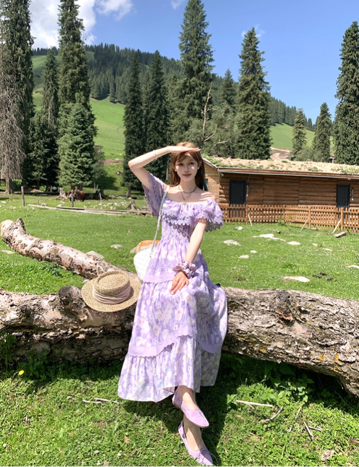 Purple long printed waist dress for women summer French retro temperament high-end skirt R4581