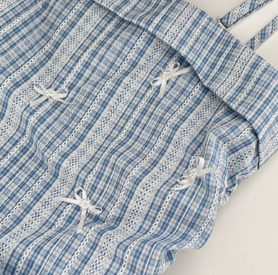 Blue plaid lace slim high-end detachable suspender tube top long dress R0298