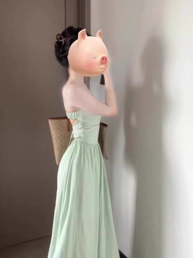 Women's mint green suspender dress holiday style waist backless temperament long dress R0465