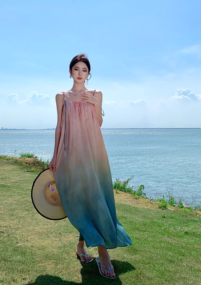Beach holiday style gradient loose suspender beach dress atmosphere skirt R1580