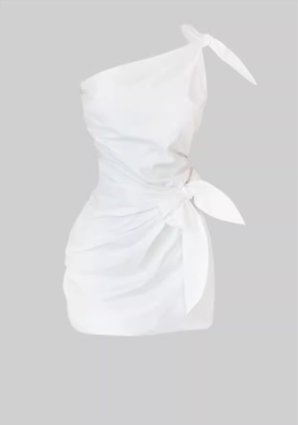 French style white off-shoulder dress 2025 bow pleated tie waist skirt R1215