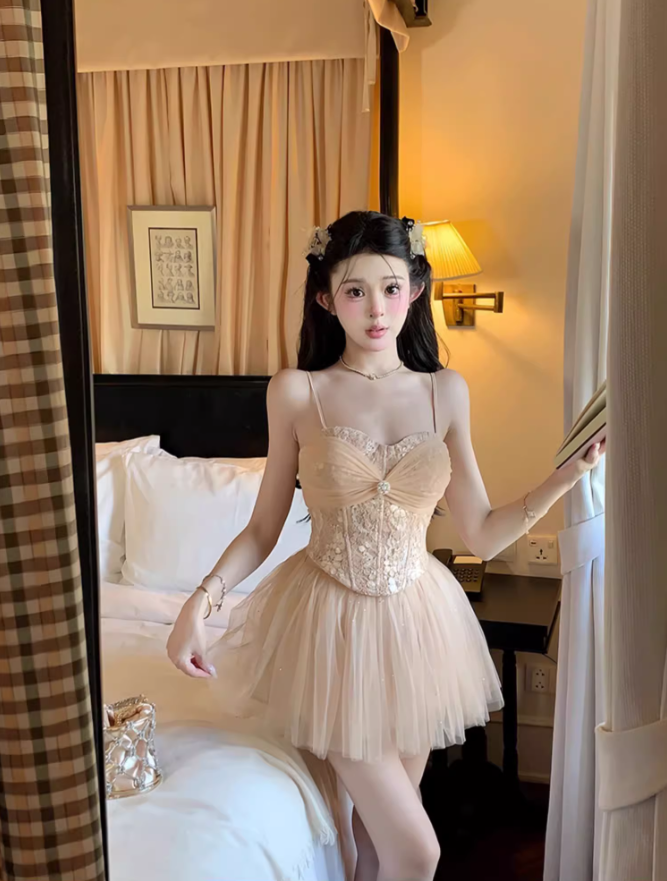 Pure desire style lace splicing sling 2025 thousand gold mesh skirt suit R1342