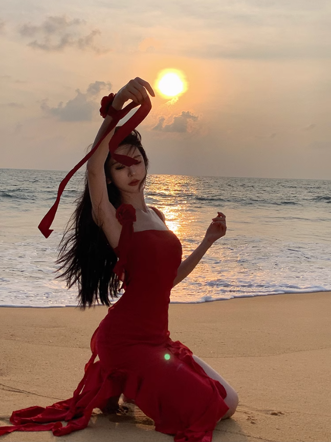 Red suspender dress high-grade irregular chiffon red rose ruffle seaside holiday dress R1470