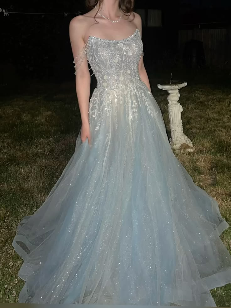 Glitter Tulle Embroidered Women's Prom Gown Pale Blue Waist Fitted Maxi Evening Dress Birthday Dress — Fall Outfit 2026 New RS3258