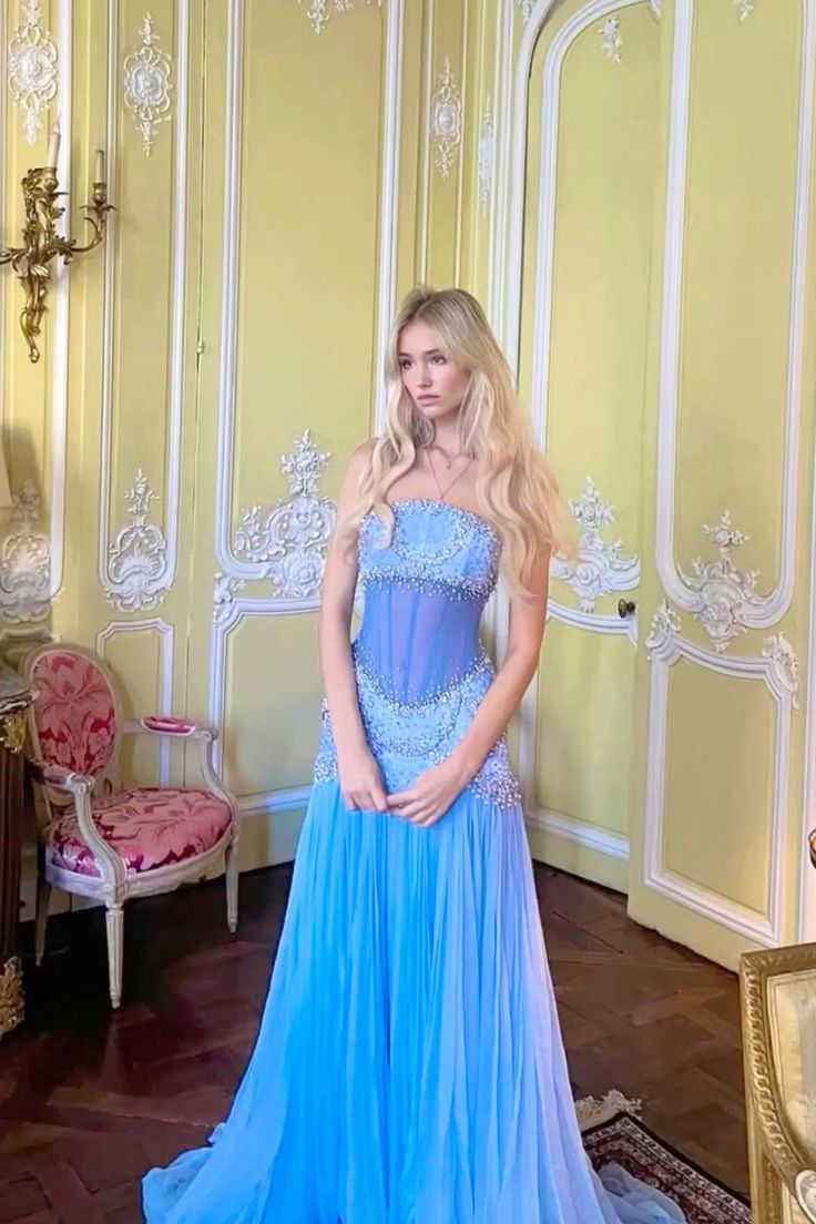 Flowy Chiffon Beaded Women's Prom Gown Baby Blue Corset Maxi Evening Dress Birthday Dress — Fall Outfit 2026 New RS3190