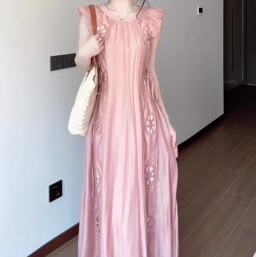 Women's pink small flying sleeve dress gentle sweet style loose long skirt R0725