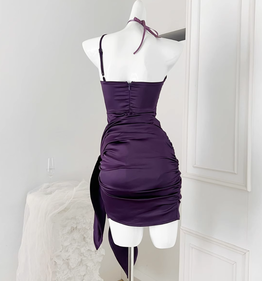 Flower halter neck satin sexy dress women's short temperament tube top dress R2076