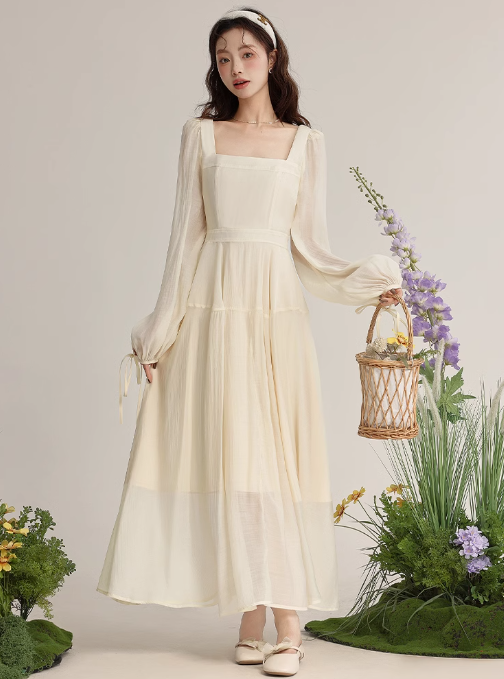 Temperament gentle style apricot long-sleeved dress spring new slim skirt R1901