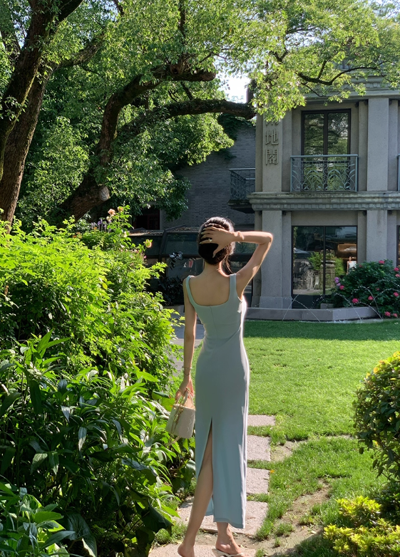 French square neck blue suspender dress waist temperament high-end slim long skirt R4338