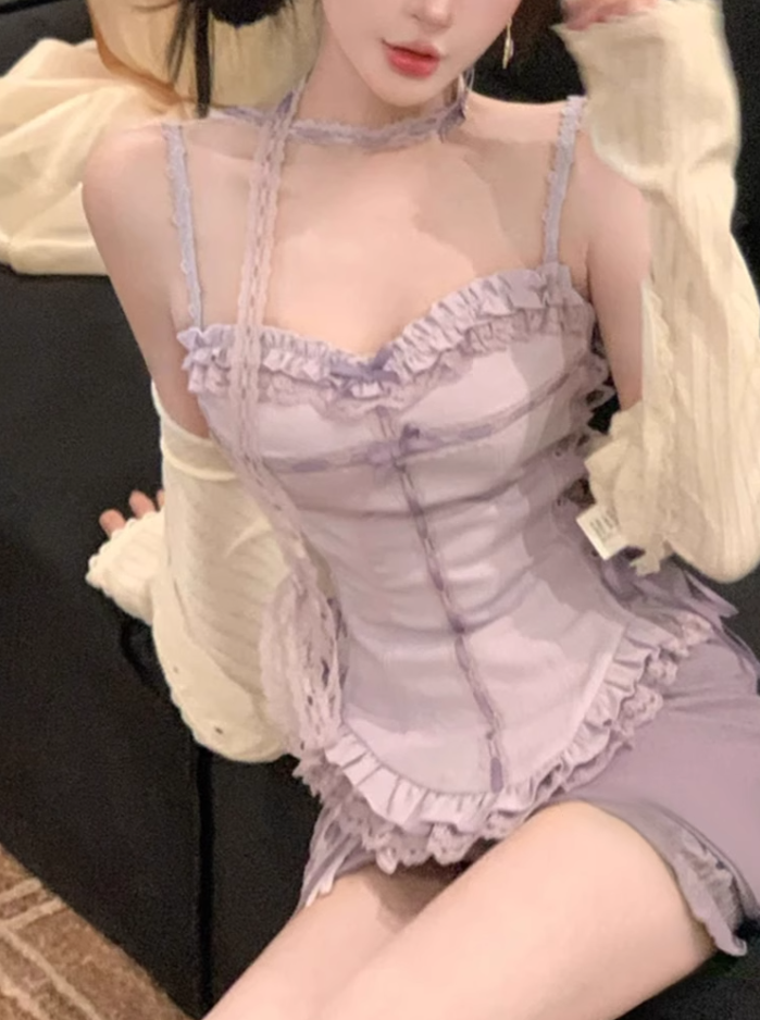 Sweet hot girl lace lace waist top 2025 bow skirt suit R1320
