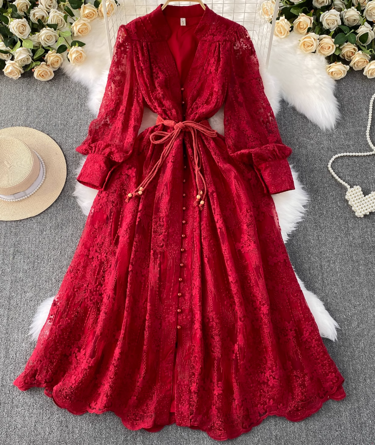 French retro palace style dress embroidery waist slim long lace dress female high-end exquisite dress R0328