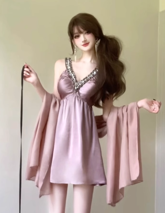 Large French heavy diamond V-neck dress, elegant lady short skirt R1836