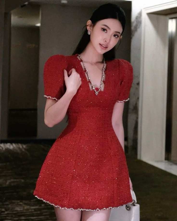 Red puff sleeves V-neck waist slim A-line short skirt homecoming dress R3659