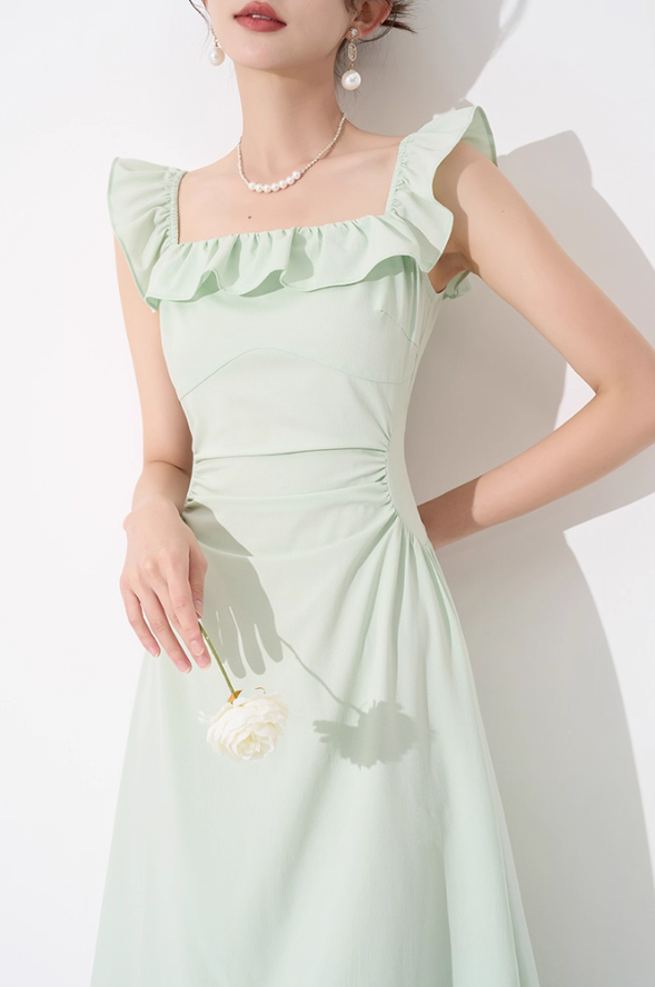 Niche design dress new summer high-end mid-length French temperament sleeveless square neck skirt R4259