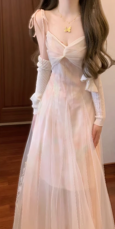 Gentle and elegant mesh suspender dress, beautiful waist and elegant long skirt R0490