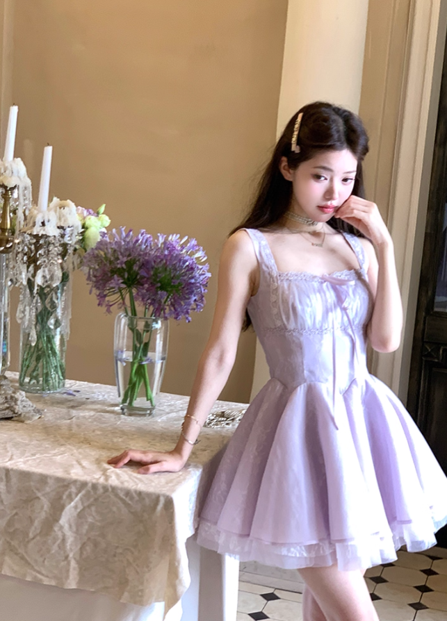 Purple square neck waist A-line suspender dress summer French retro temperament high-end skirt R4625