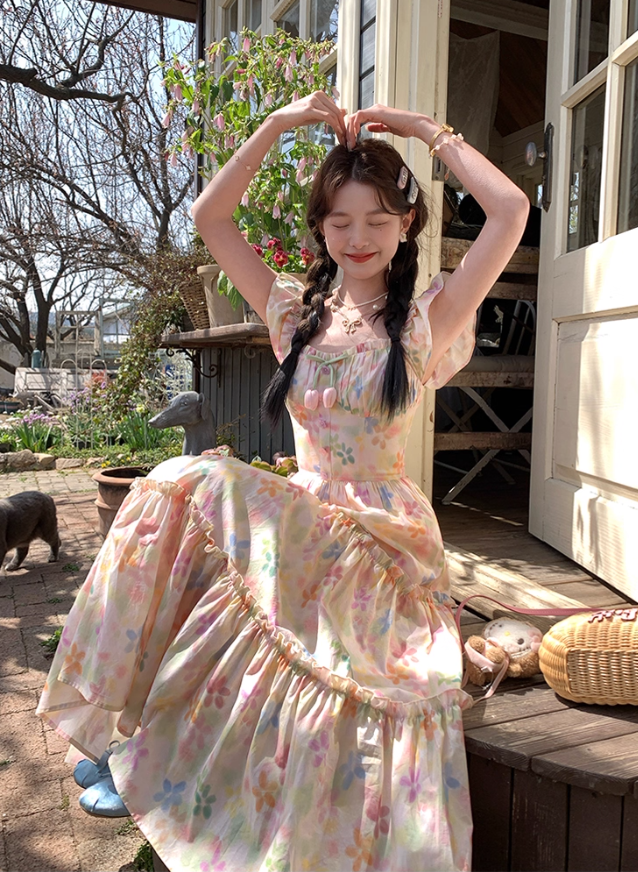 Long square neck small flying sleeve waist printed A-line dress summer French skirt R4905