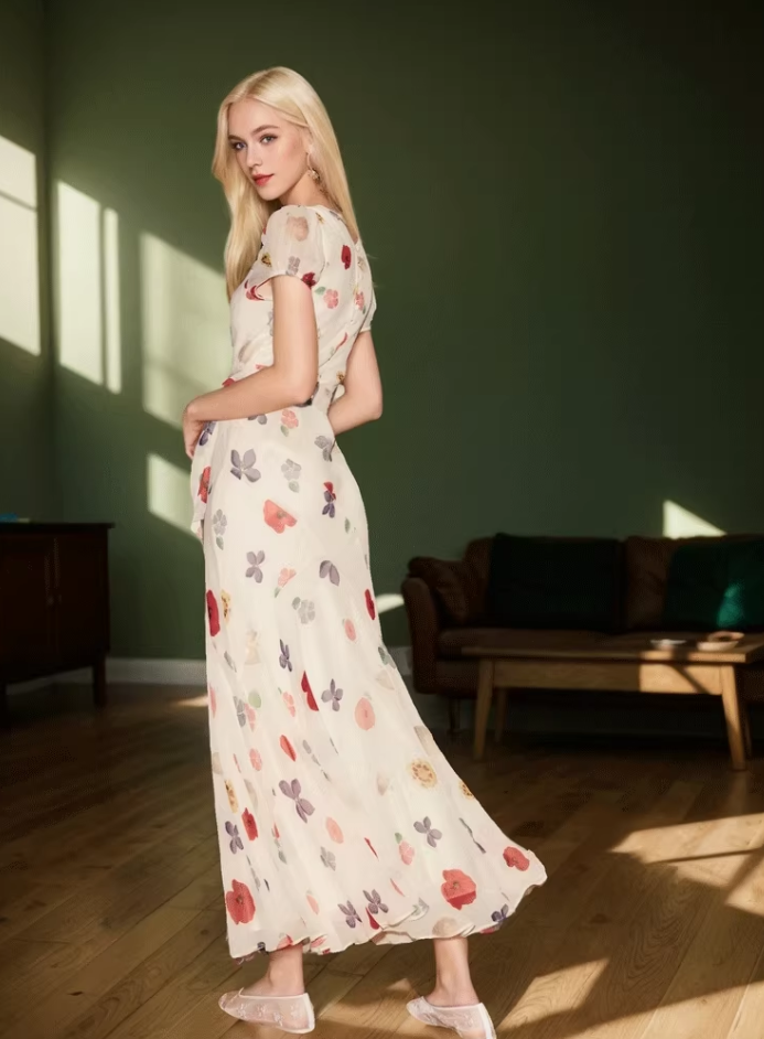 Printed square neck short sleeve dress French retro style waist slim long skirt R2909