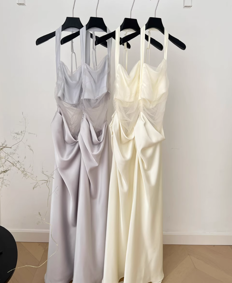 Yuji Tear Net Satin Splicing Dress New Design Waist Slimming Hip Skirt R2171