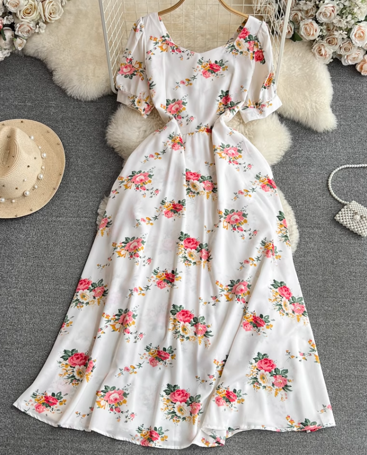 French lady temperament lady short sleeve square collar waist slim a-line print dress elegant long skirt R0406