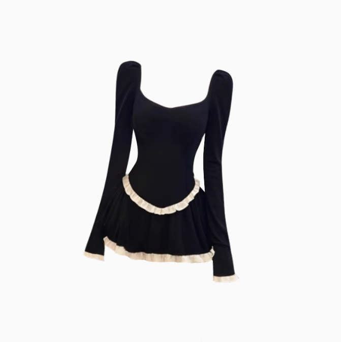 Design contrast color long sleeve dress 2025 hot girl slim a-line short skirt R1232